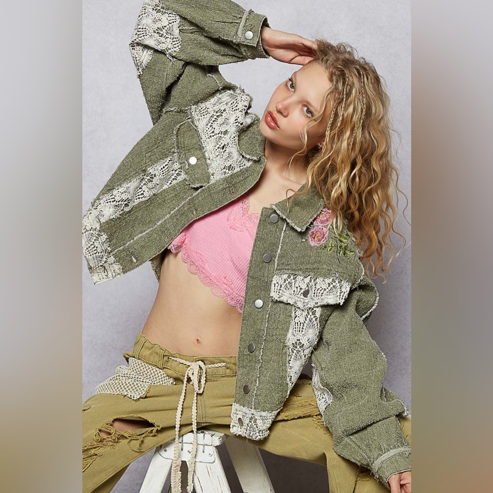 POL Olive Green Distressed Patchwork Jacket with White Lace and Pink Embroidery - Picture 4 of 6